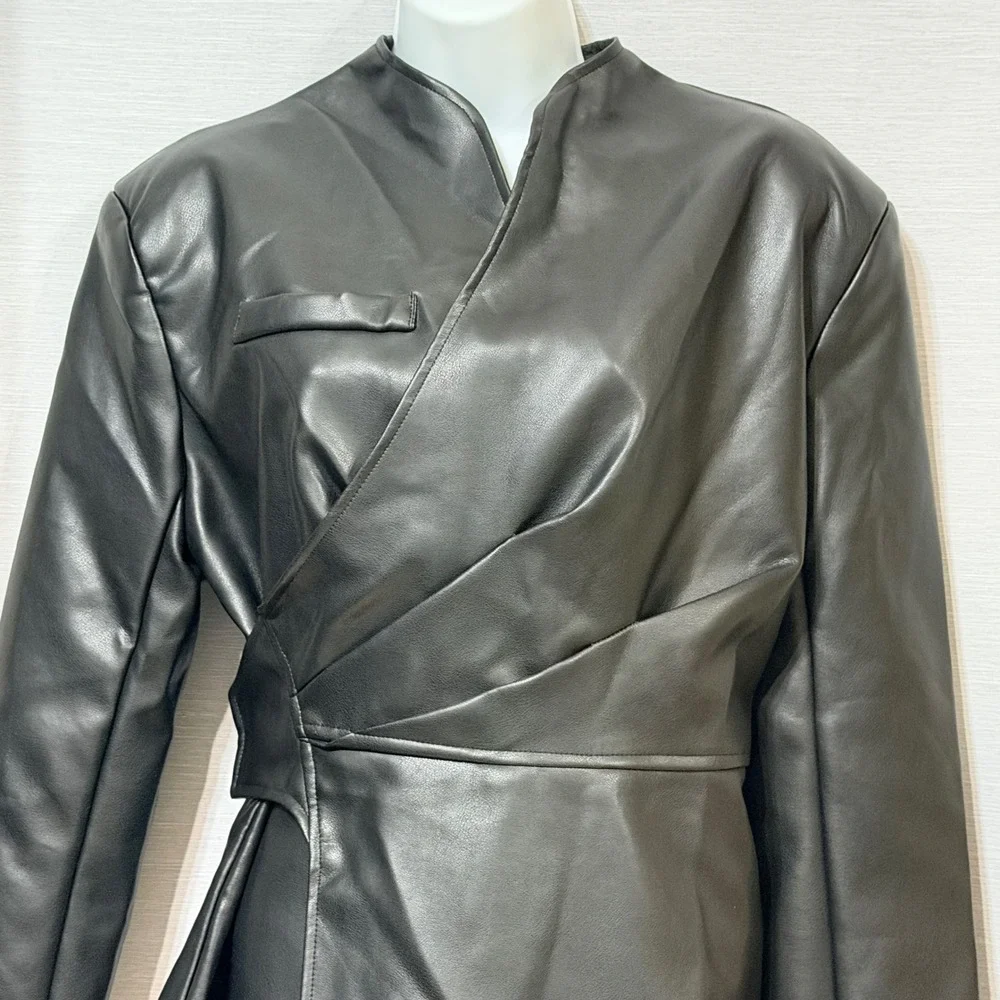 Missguided Womens Faux Leather Wrap Jacket Black Peplum Stand Collar medium